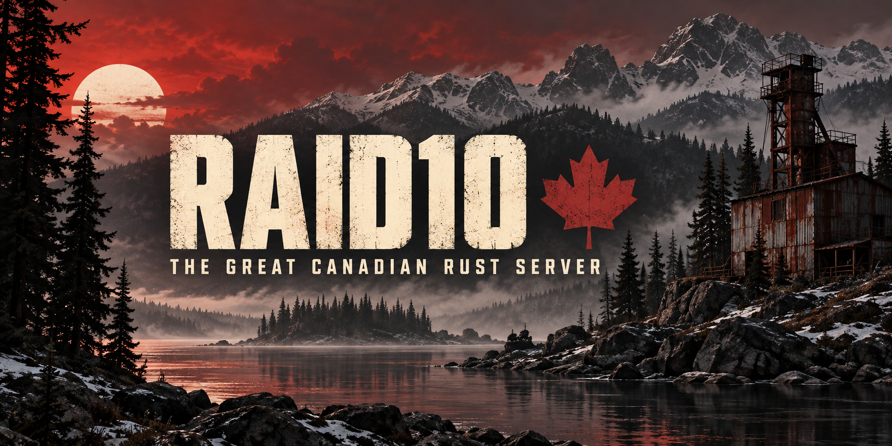 Raid10. The Great Canadian Rust Server. A maple leaf above a northern lake and an abandoned industrial outpost.